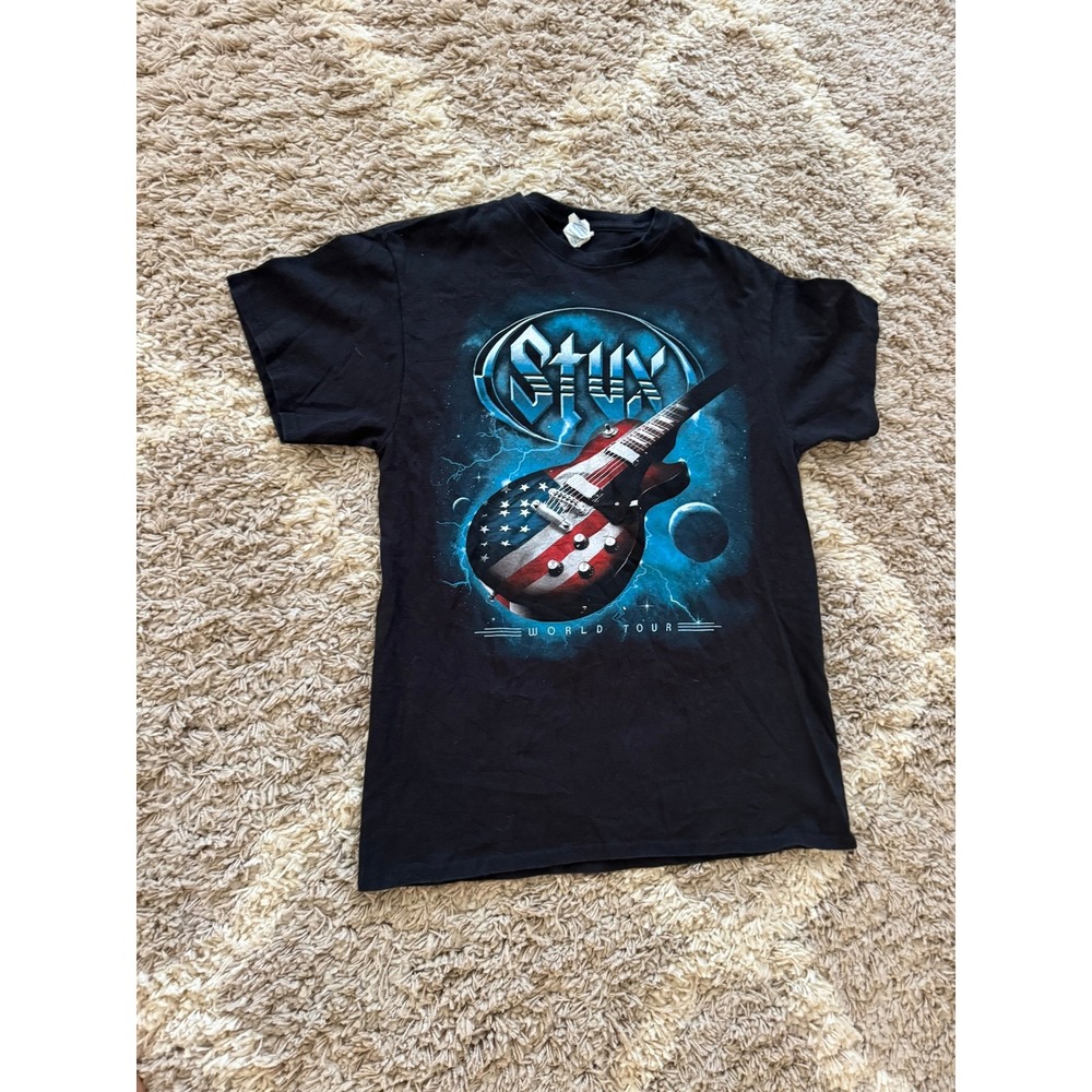 Styx World Tour Graphic T-Shirt Mens Medium Black American Flag Guitar Rock Band